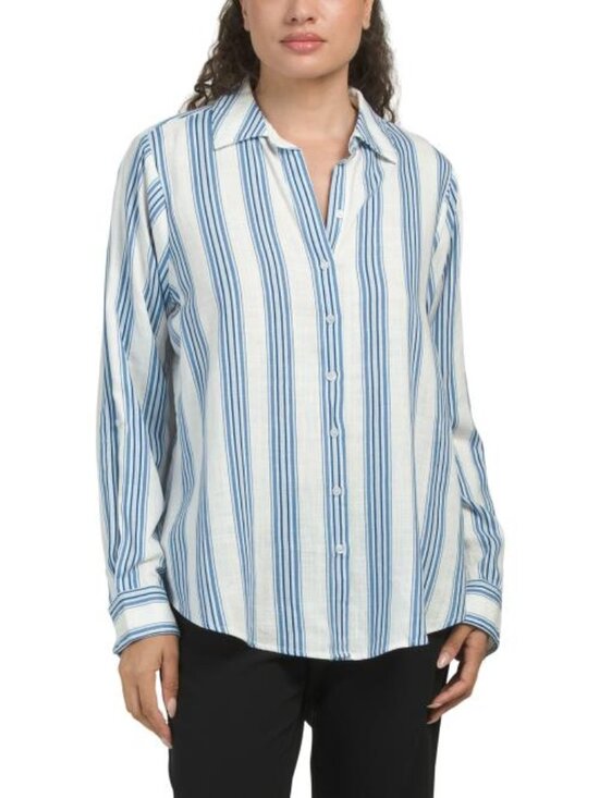 TAMARA H NAVY Tops - TAMARA H NAVY Linen Blend Striped Long Sleeve Shirt
